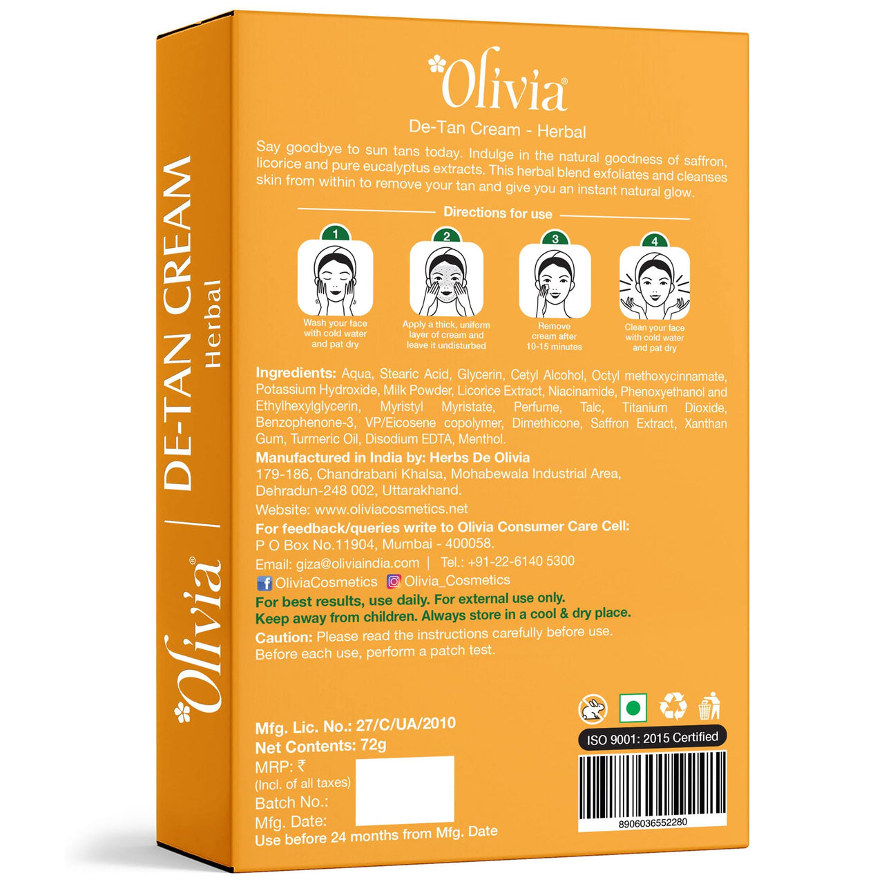 Olivia De-Tan Cream Herbal | Heavy Tan Removal & Brightening Cream for Face | Tan Removal for Women & Men | Removes Blackheads, Dark Spots & Prevents Acne | 72g - For All Skin Types