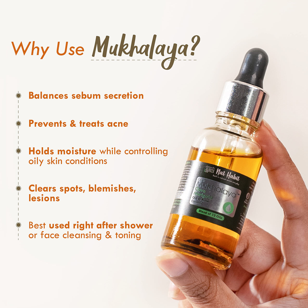 Nat Habit Clove Marigold Mukhalaya, Face Oil For Acne Control, with Blend of 13 Cold Pressed Oils For Natural Oily Skin Condition & Balance Sebum Secretion, No Mineral Oil or Chemical (30ml)