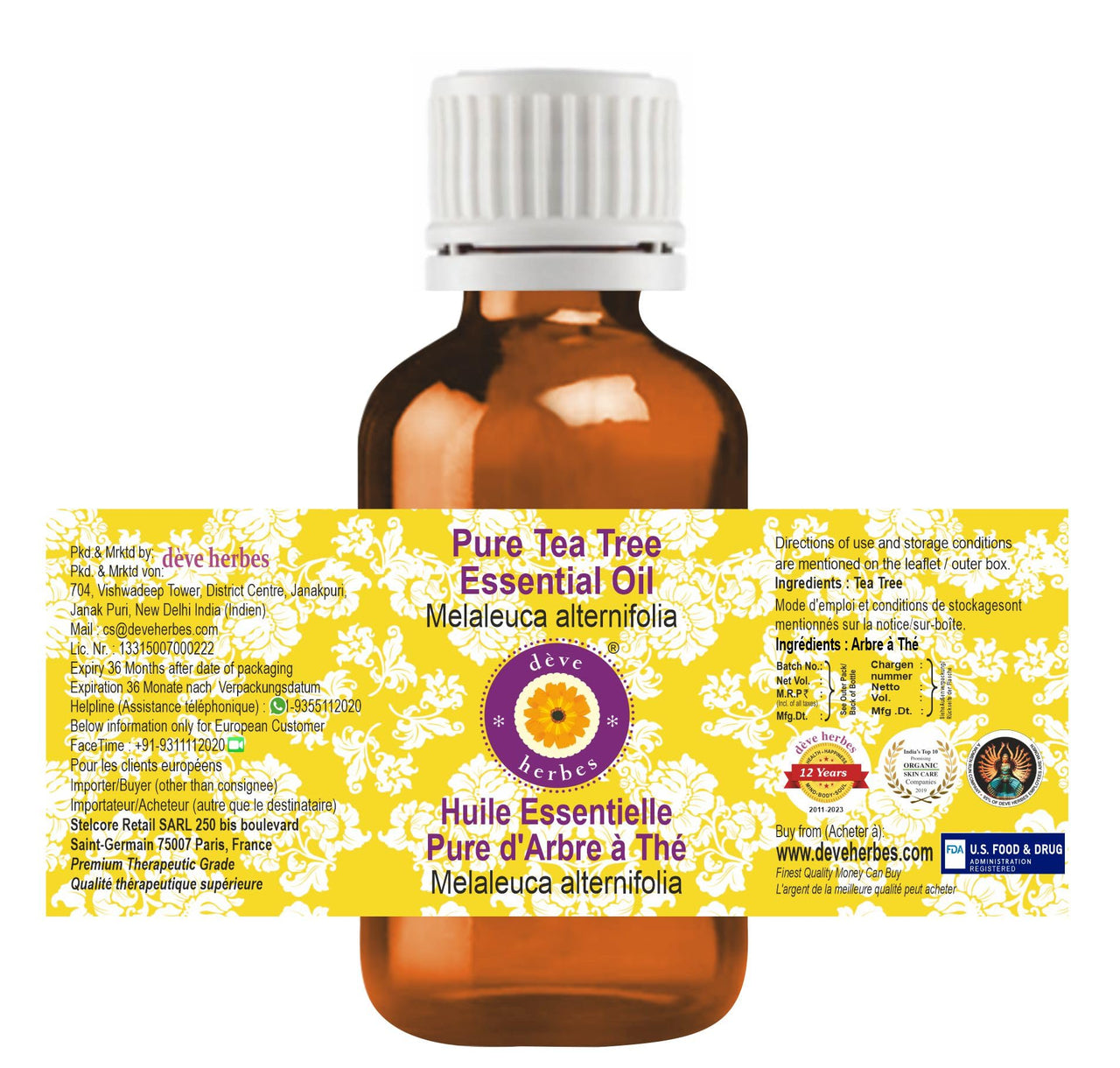 Deve Herbes Pure Tea Tree Essential Oil (Melaleuca alternifolia) Steam Distilled 15ml