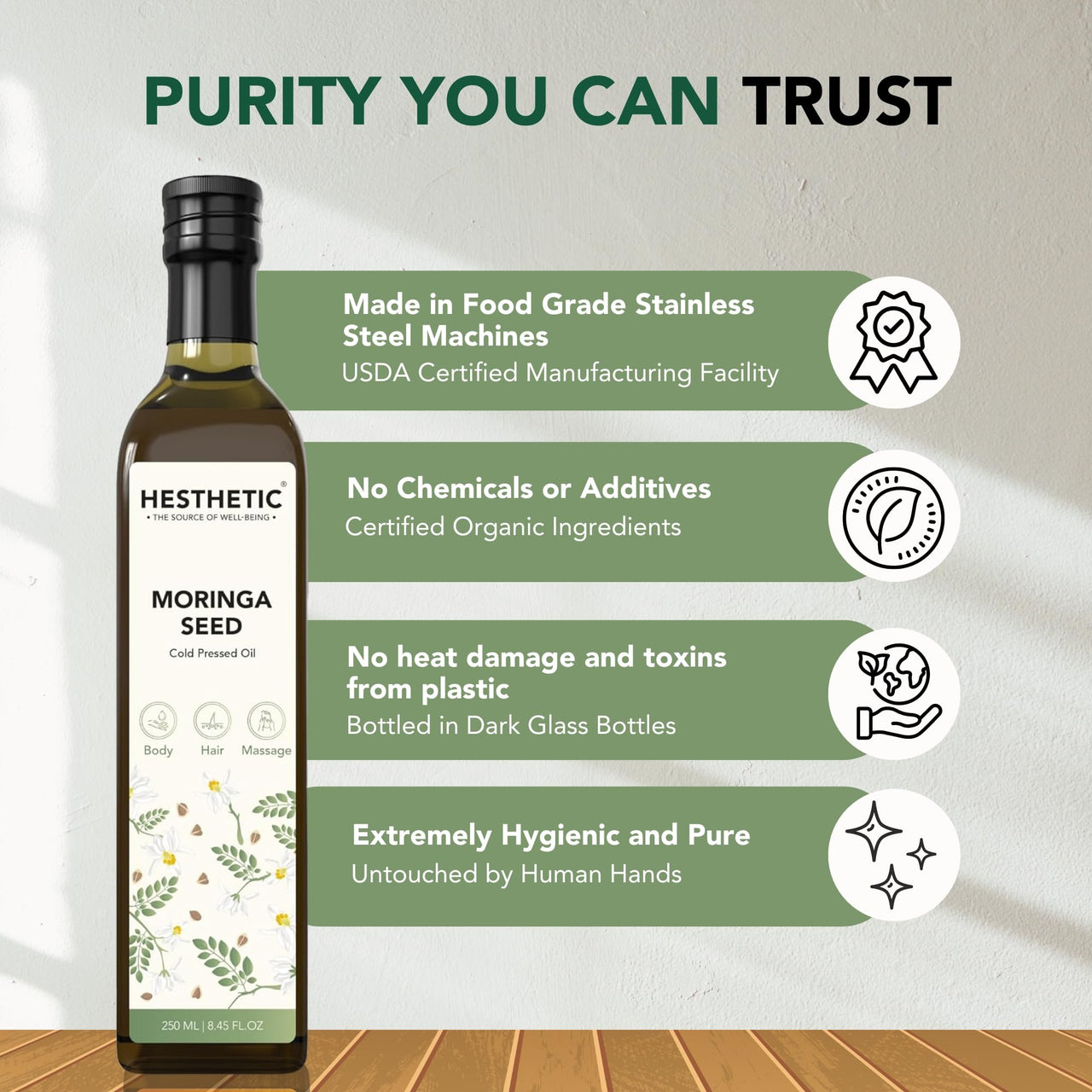 HESTHETIC Virgin Cold Pressed Moringa Seed Oil | 100% Pure & Natural - 100ml | Glass Bottle