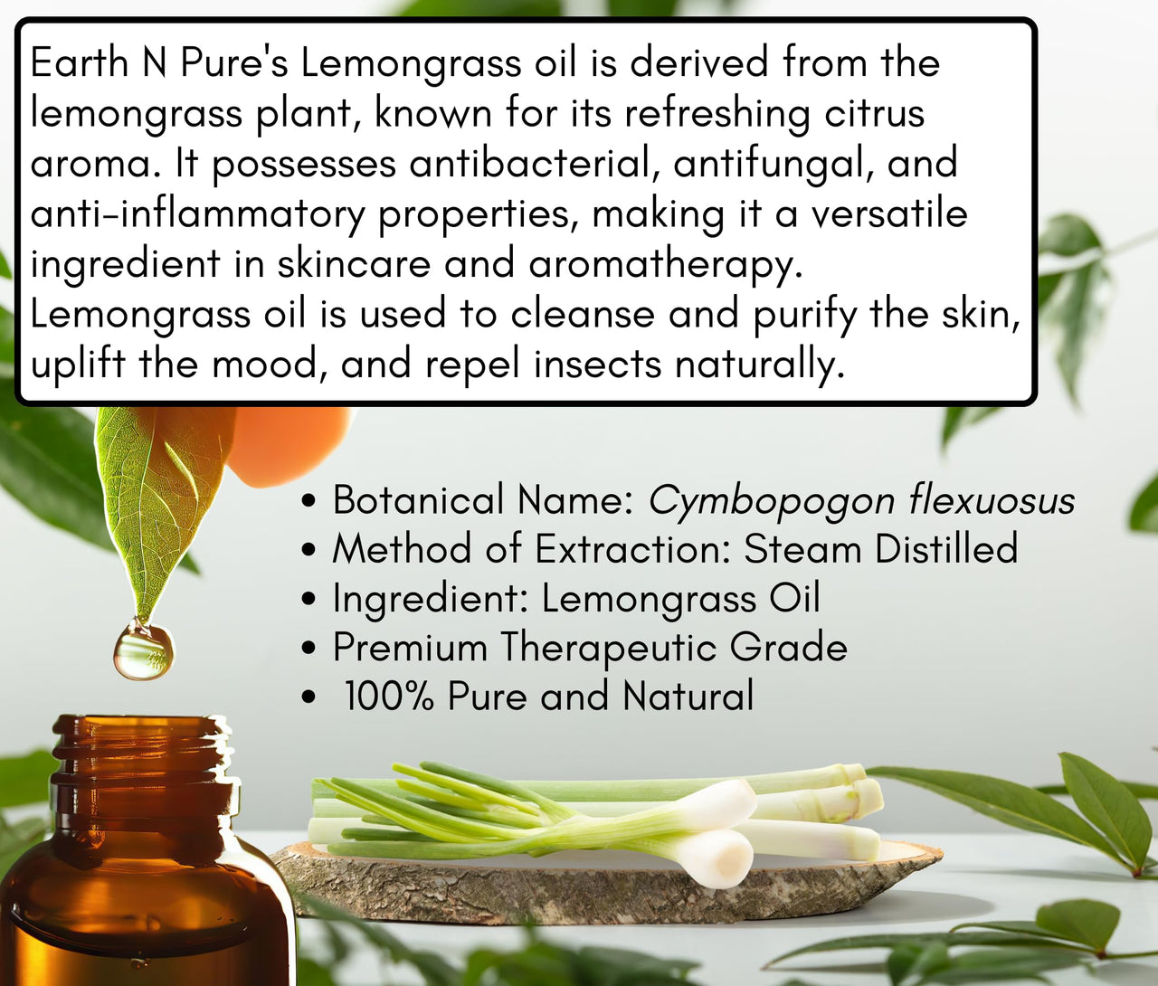 Earth N Pure Lemongrass Essential Oil | Steam Distilled | for Home Diffuser, Skin & Hair Care | 15 ML
