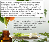Earth N Pure Lemongrass Essential Oil | Steam Distilled | for Home Diffuser, Skin & Hair Care | 15 ML