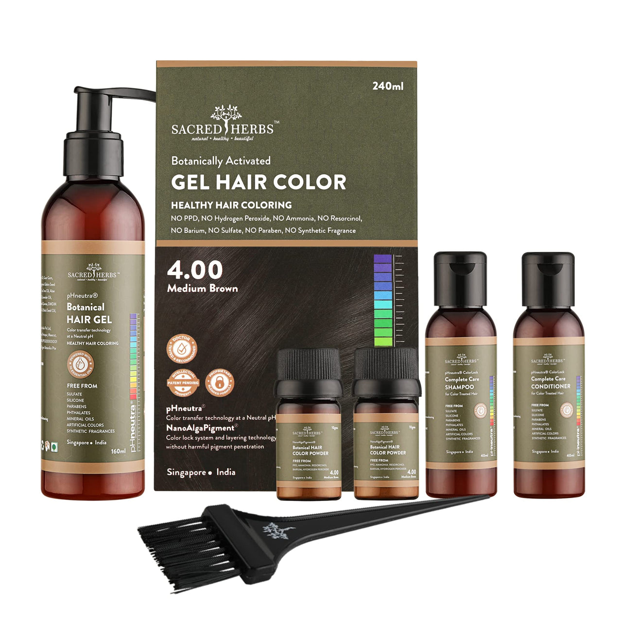 SACRED HERBS Ammonia & PPD Free Organic Gel Hair Color | pH Neutral | Long Lasting Colour with 100% Grey Coverage | Conditioning & Damage Free Natural Hair Coloring for Men & Women Medium Brown 4.00 - 240ml+20gms