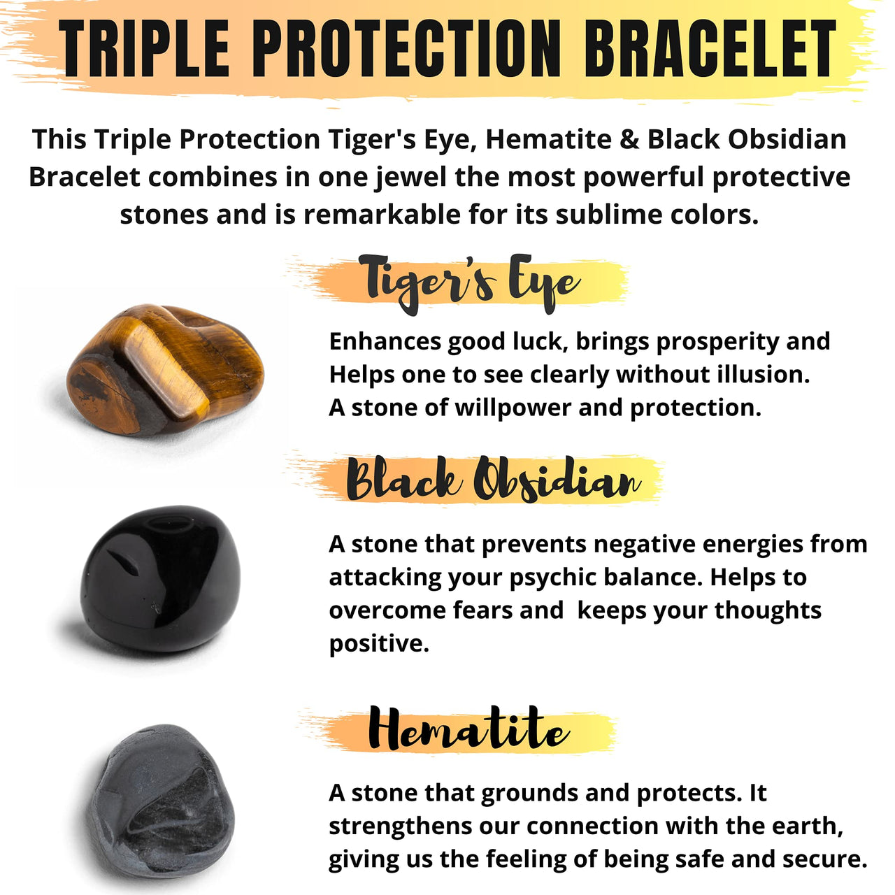 Crystal Vibe 8mm Triple Protection Bracelet - Beaded Bracelet with Natural Stones of Tiger Eye, Hematite, Black Obsidian - Elastic Adjustable Crystal Bracelet for Anxiety Relief, Spiritual Healing