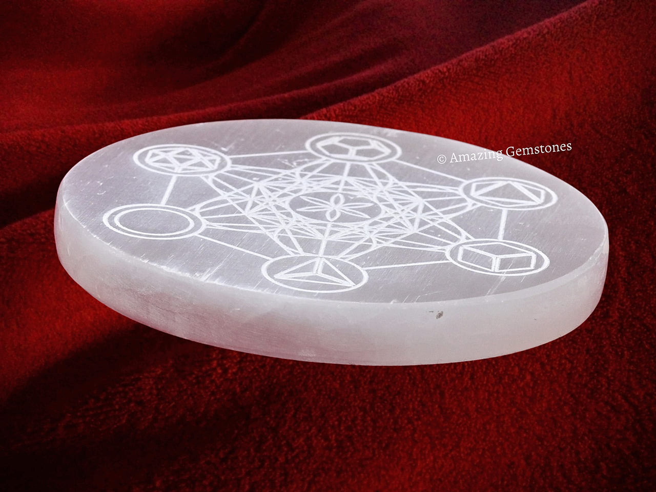 Selenite Crystal Charging Plate For Crystals And Healing Stones, 4.5" Selenite Crystal Plate Engraved Platonic Metatron Cube Coaster For Home Office Table Decor (Selenite Round Disc) Metatron (Platonic Solid)