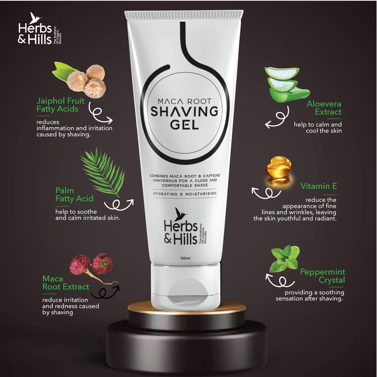Herbs & Hills Shaving Gel for Mens - 100ml Combines MACA Root & Caffeine Anhydrous for a Close and Comfortable Shave, Protect Skin from Redness, Irritation & Razor Burn Better than Foam