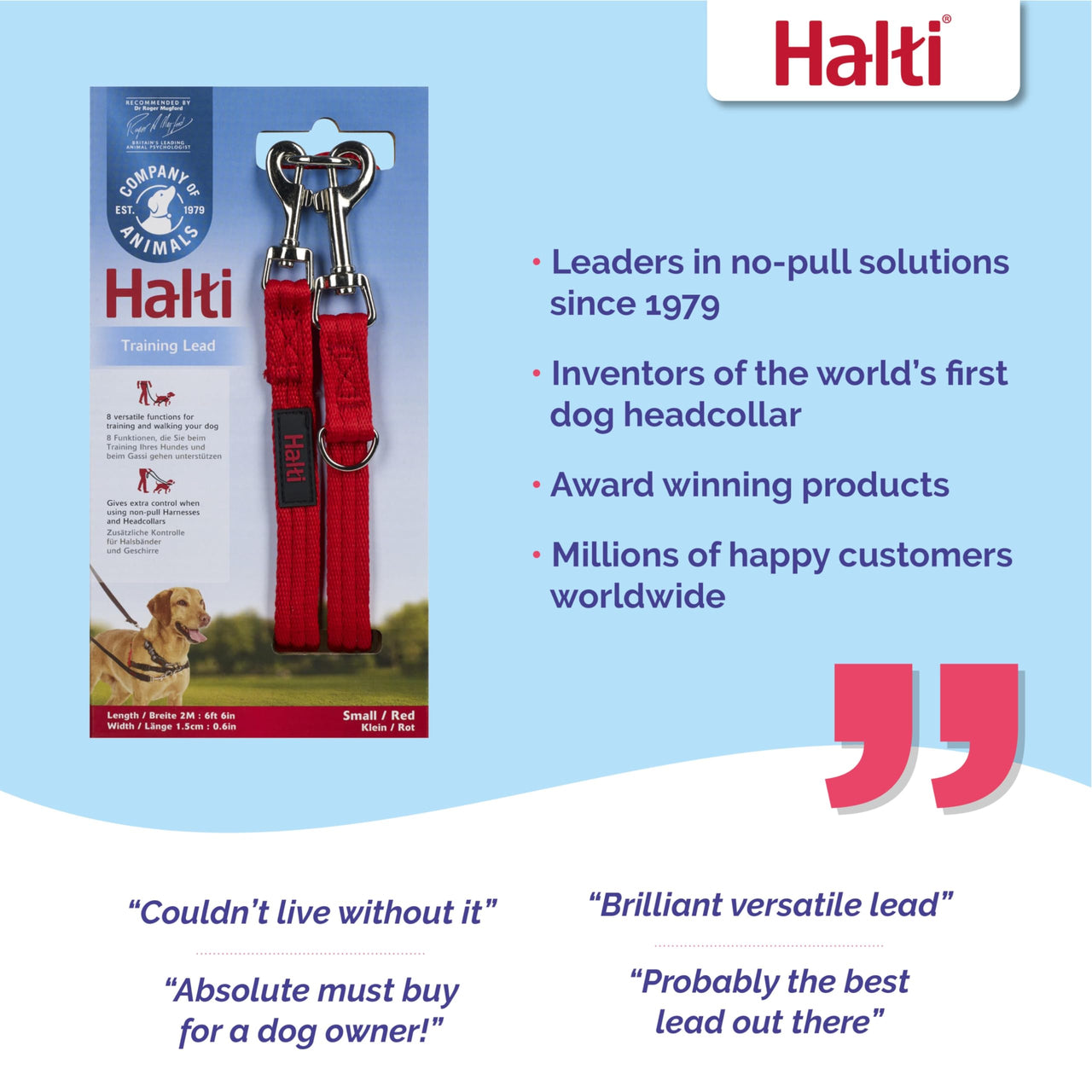 HALTI Training Leash - Multifunctional Double-Ended Dog Leash, Ideal for Anti-Pulling Dog Training. Easy to Use, Lightweight, Soft & Durable. Suitable for Puppies and Small Dogs (Size Small, Red)