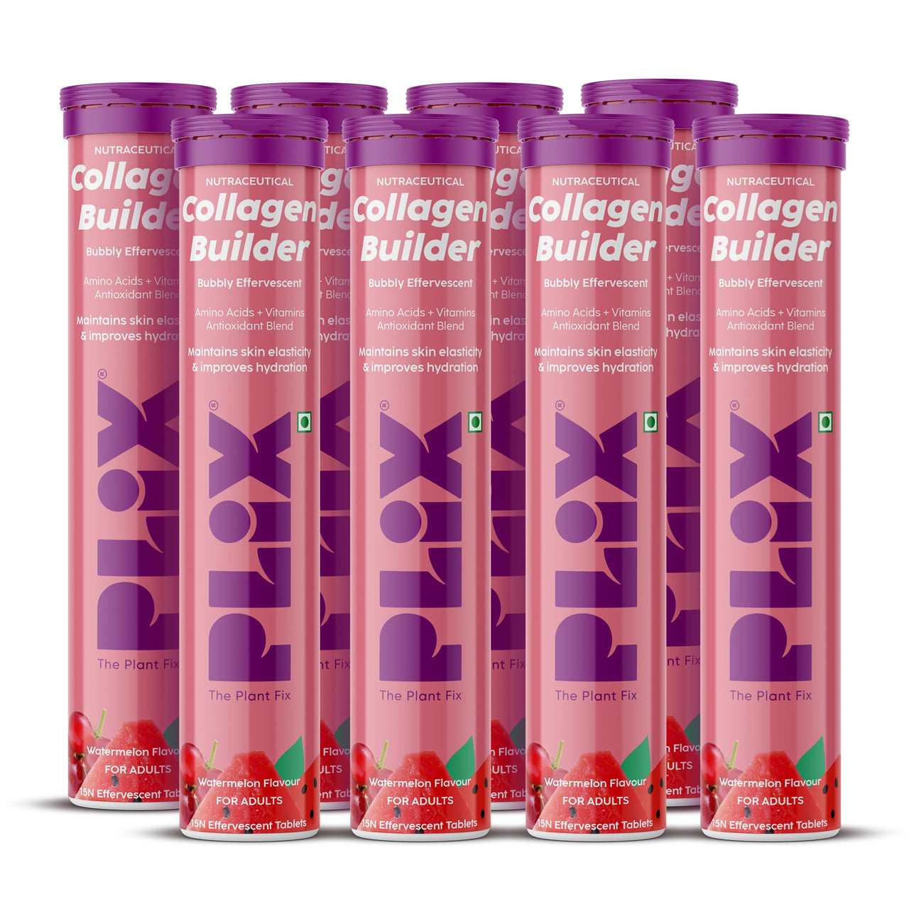 PLIX - THE PLANT FIX Collagen Builder Bubbly Effervescent - 15 Tablets (Pack of 8, Watermelon) for Hydrated Skin & Anti-Aging | Amino Acid Blend For Collagen Production | Vitamin C & E | 100% Vegan