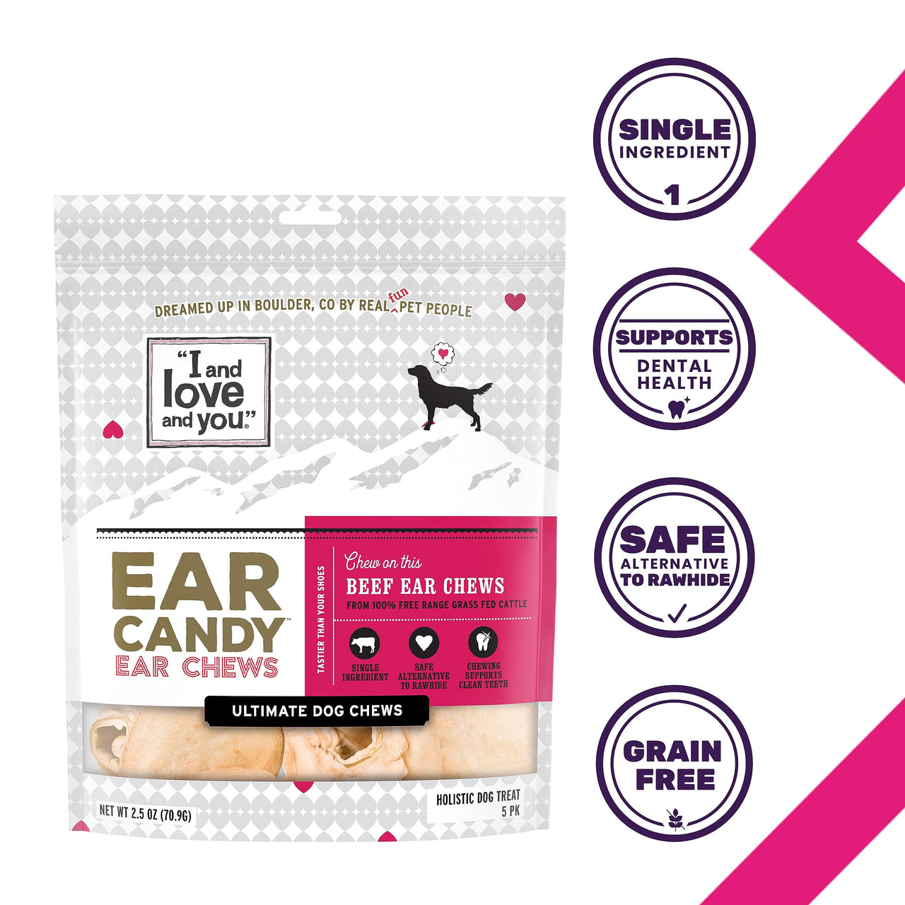 "I and love and you" Ear Candy Cow Ear Strips - Grain Free Dog Chews, 100% Beef Cow Ears, 2.5-Ounce