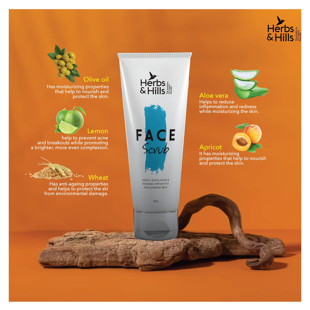 Herbs & Hills Facial Scrub - 100g, Removes Impurities for Glowing Skin, Cleanses Deep Down to the Pores to Remove Dirt & Oil, Reduce the appearance of wrinkles and Fine Lines, For All Type of Skin