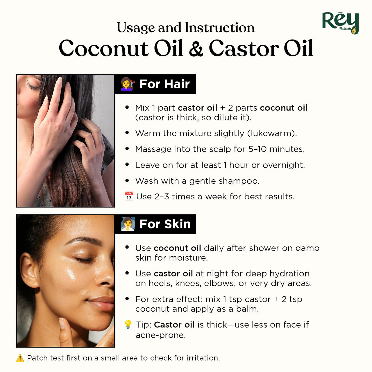 Rey Naturals Cold Pressed Castor Oil & Virgin Coconut Oil For Hair Growth - 200ml×2 | Coconut Oil For Skin Care | Castor Oil For Skin, Eyelashes & Eyebrows | Non Comedogenic Hair Oil For Hair Growth