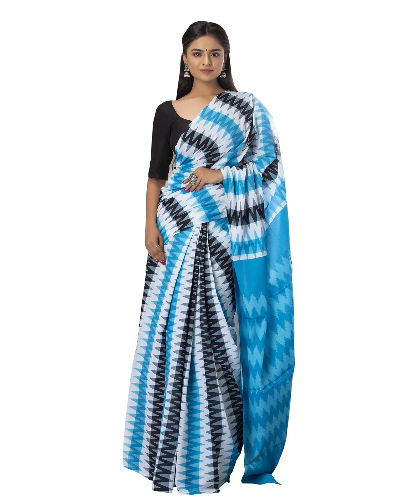 Shivanya Handicrafts Women's  Hand block printed cotton mulmul fabric saree Ikkat printed With Blouse Piece Traditional Jaipuri Print