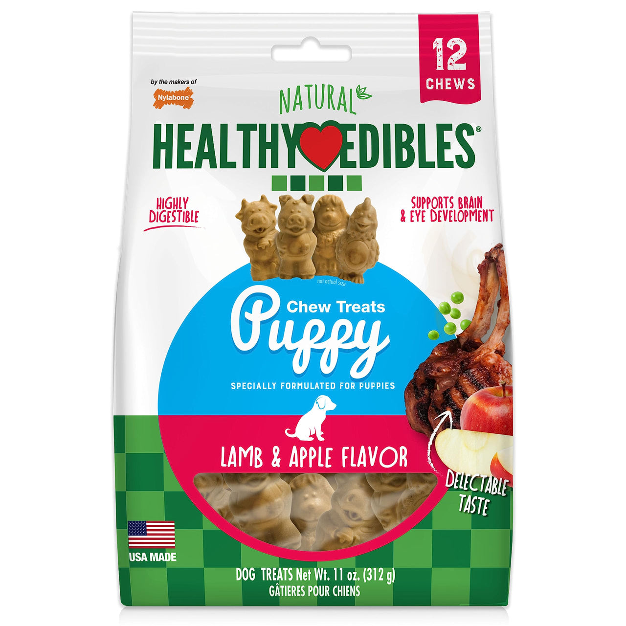 Nylabone Healthy Edibles Puppy Natural Long Lasting Dog Chew Treats Lamb & Apple Small/Regular (12 Count) 0.9166666666666666 Ounce (Pack of 12)