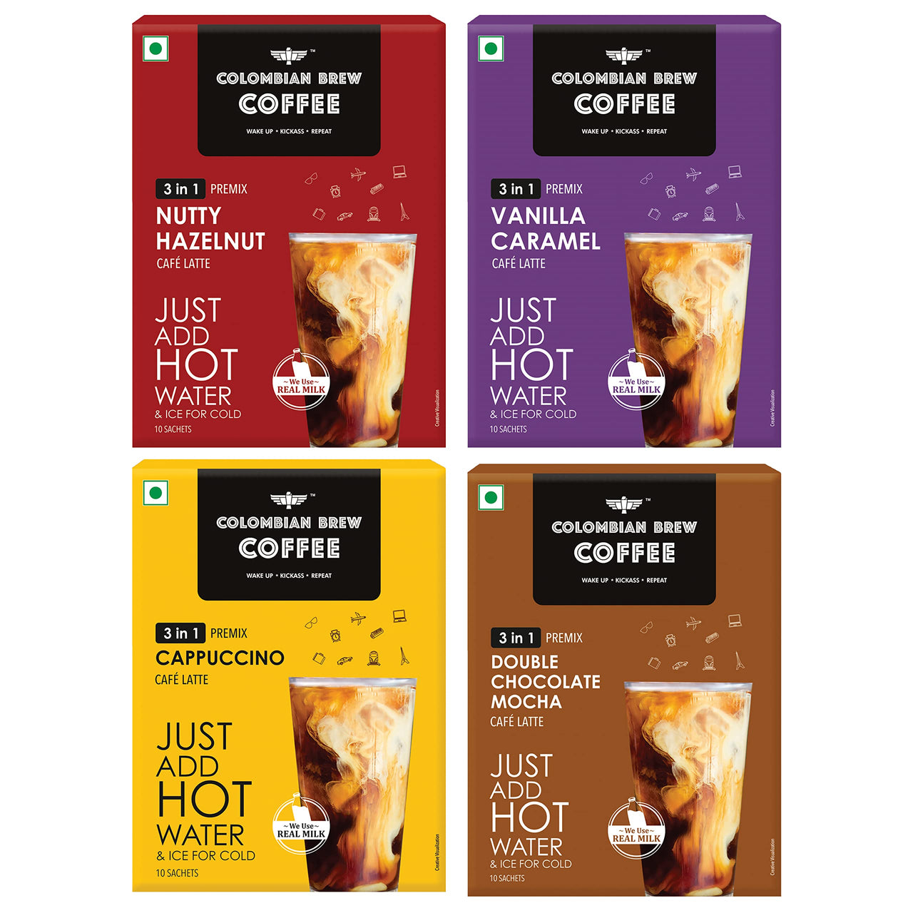 Colombian Brew 3 in 1 Assorted Instant Coffee Premix Café Latte, 10 Sachets Box & Colombian Brew Hazelnut Instant Coffee Powder, No Sugar Vegan, 50gm