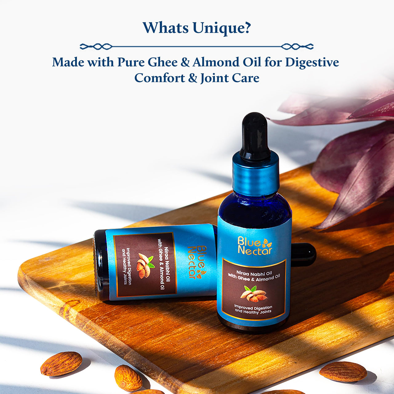 Blue Nectar Nabhi Oil with Ghee & Almond Oil | Belly Button Oil for Digestion & Joint Support | For Managing Knee, Back, & Bodyache | Chemical-Free Ayurvedic Nabhi Oil (21 Herbs, 10 ml)