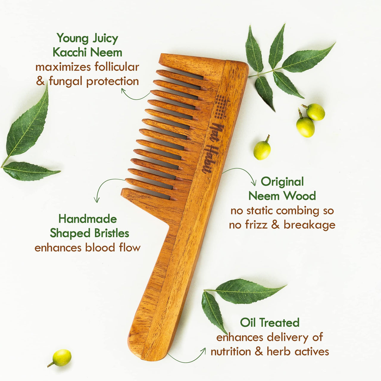Nat Habit - Kacchi Neem Wooden Comb - Soaked In 17 Herbs, Neem & Sesame Oil For Multi-Actions - Detangling, Frizz Control & Shine (Dual Tooth & Wide Tooth) Combo Pack of 2