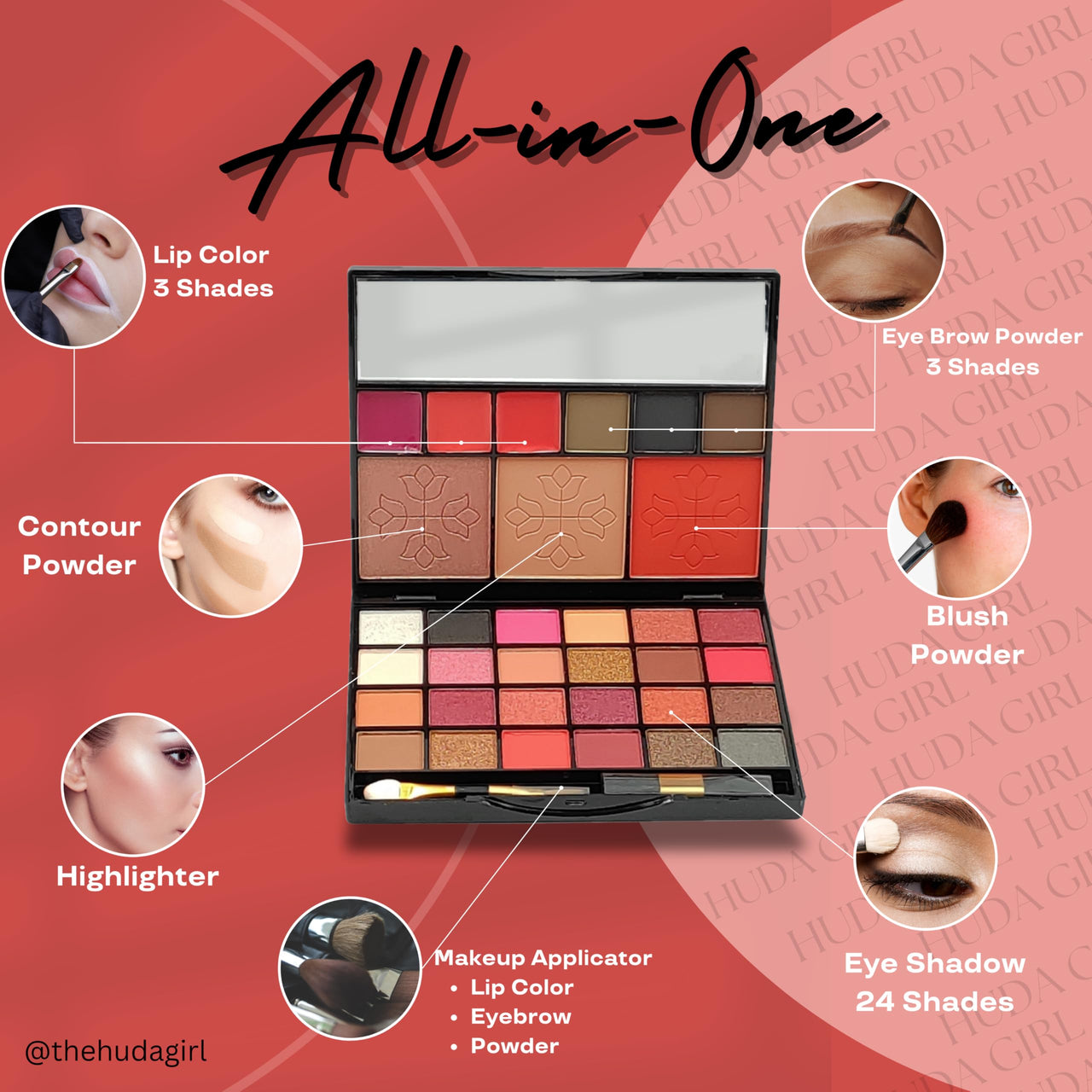 HUDA GIRL All-in-One Makeup Kit with Mirror - Includes 24 Eyeshadow Palette with Brush, 3 Eyebrow Powder, 3 Lip Gloss, 2 Applicator, Blush Contour and Highlighter Palette for Girl & Womens