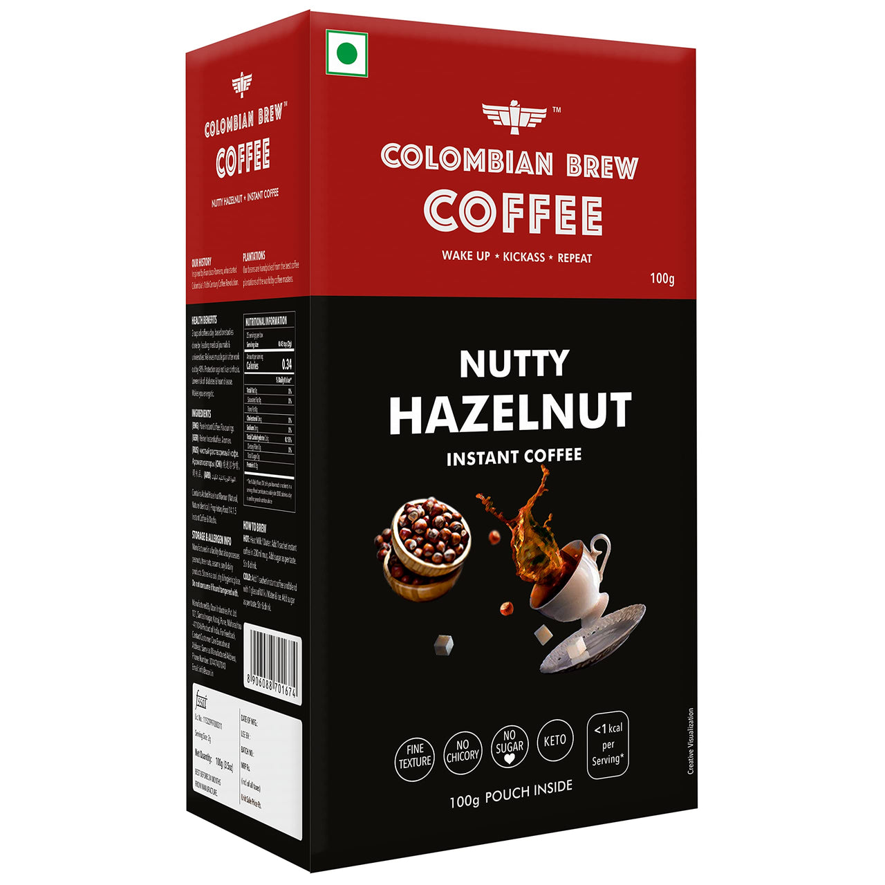 Colombian Brew Vanilla Instant Coffee Powder, No Sugar Vegan, 100g & COLOMBIAN BREW COFFEE Hazelnut Instant Coffee Powder, No Sugar Vegan, 100g, Box