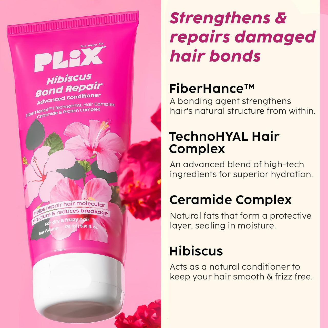 PLIX - THE PLANT FIX Hibiscus Bond Repair Advanced Oil, Shampoo & Conditioner | Repairs Damaged Hair Due To Heat Styling | Restores Strength, Reduces Frizz & Split-Ends