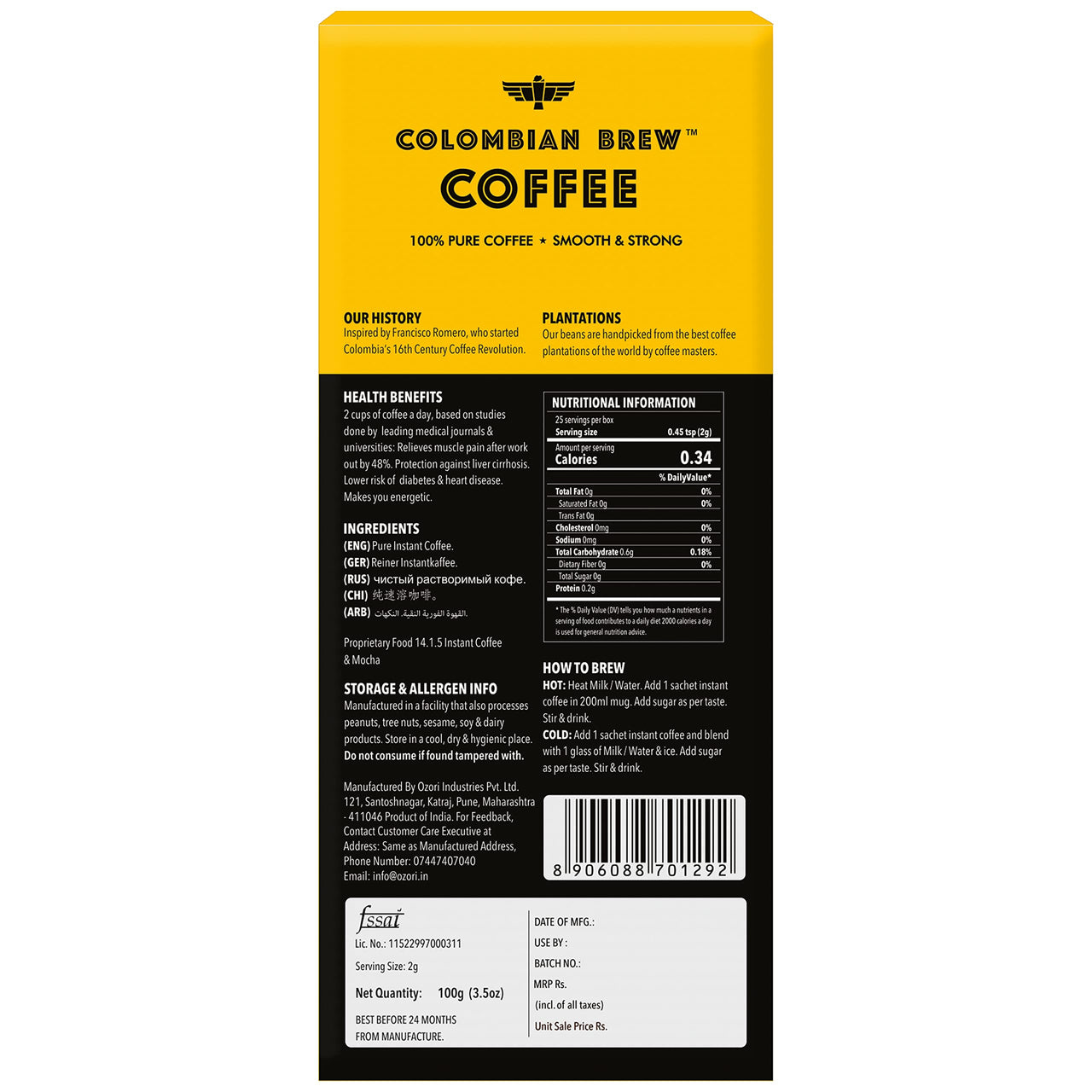 Colombian Brew Original Instant Coffee Powder, Smooth & Strong, 100g Buy 2 Get 1 Free (Hot & Cold Coffee)