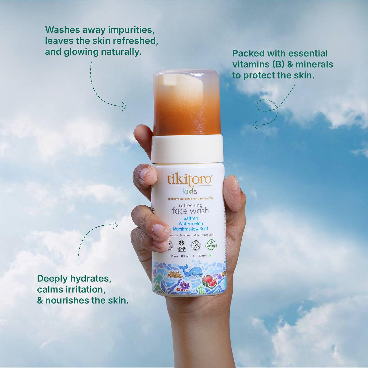 Tikitoro Kids Refreshing face wash| Pediatrician Approved | 100% Vegan with Saffron, Watermelon and Marshmallow Root | Cleanses, Purifies & Moisturises Skin | No Parabens & Sulphates (100 ml)