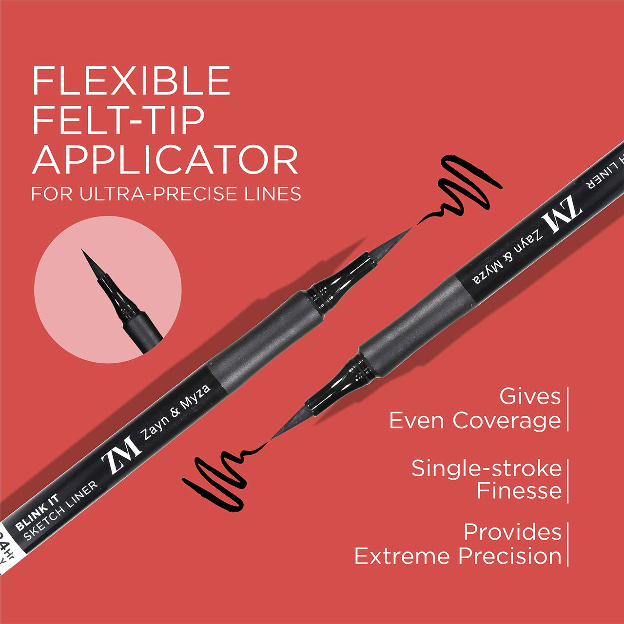 ZM Sketch Eyeliner, Flexi-tip Applicator, Quick-drying Formula, Long-lasting Eye Makeup, Jet Black, 1.6ml