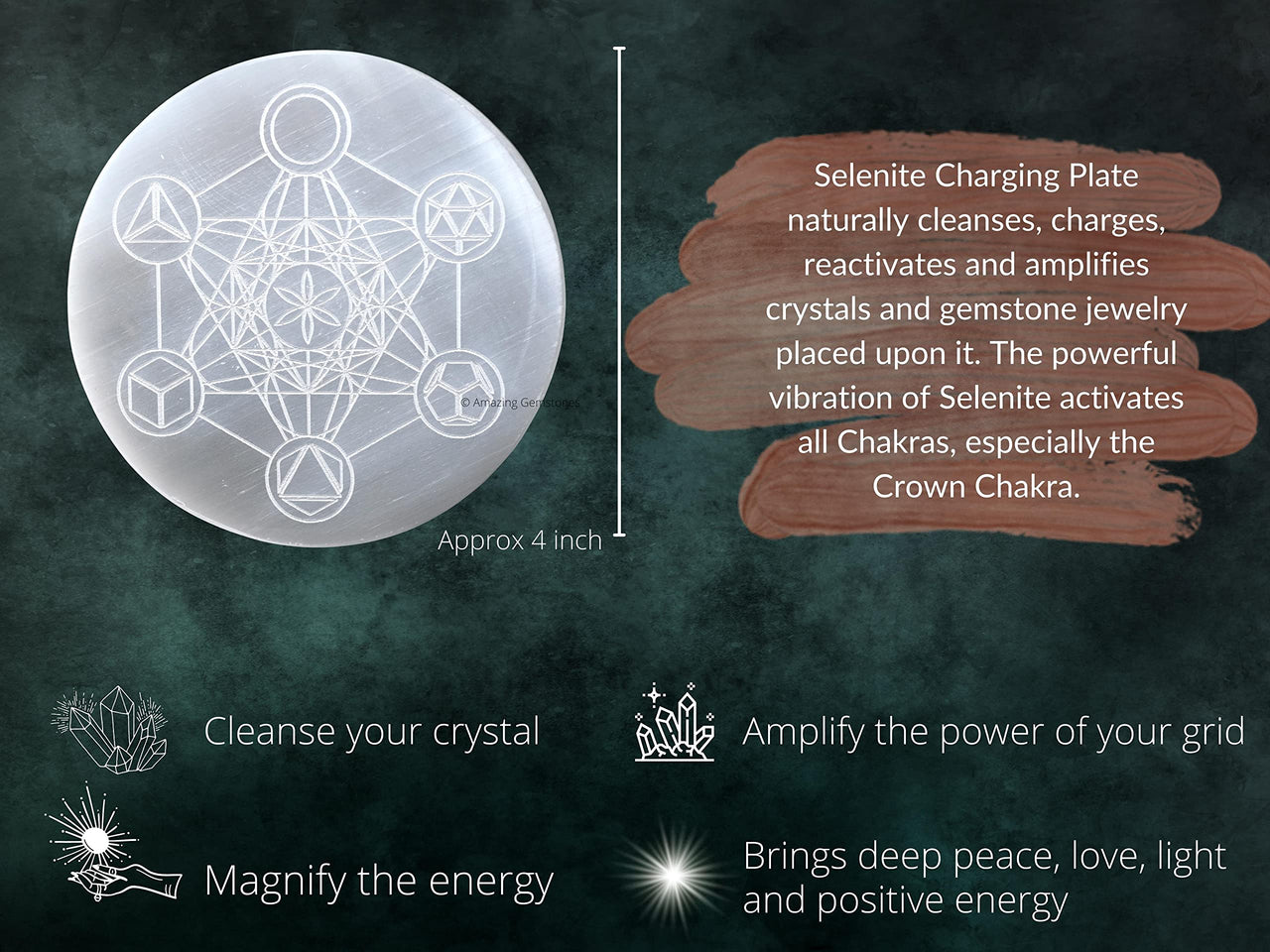 Selenite Crystal Charging Plate For Crystals And Healing Stones, 4.5" Selenite Crystal Plate Engraved Platonic Metatron Cube Coaster For Home Office Table Decor (Selenite Round Disc) Metatron (Platonic Solid)