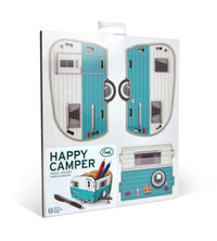 HAPPY CAMPER Vintage Camper Pencil Holder, White and Blue, Retro Desk Organizer- Great Gift for Coworkers and Travel Enthusiasts - Functional Desk & Cubicle Accessory Happy Camper