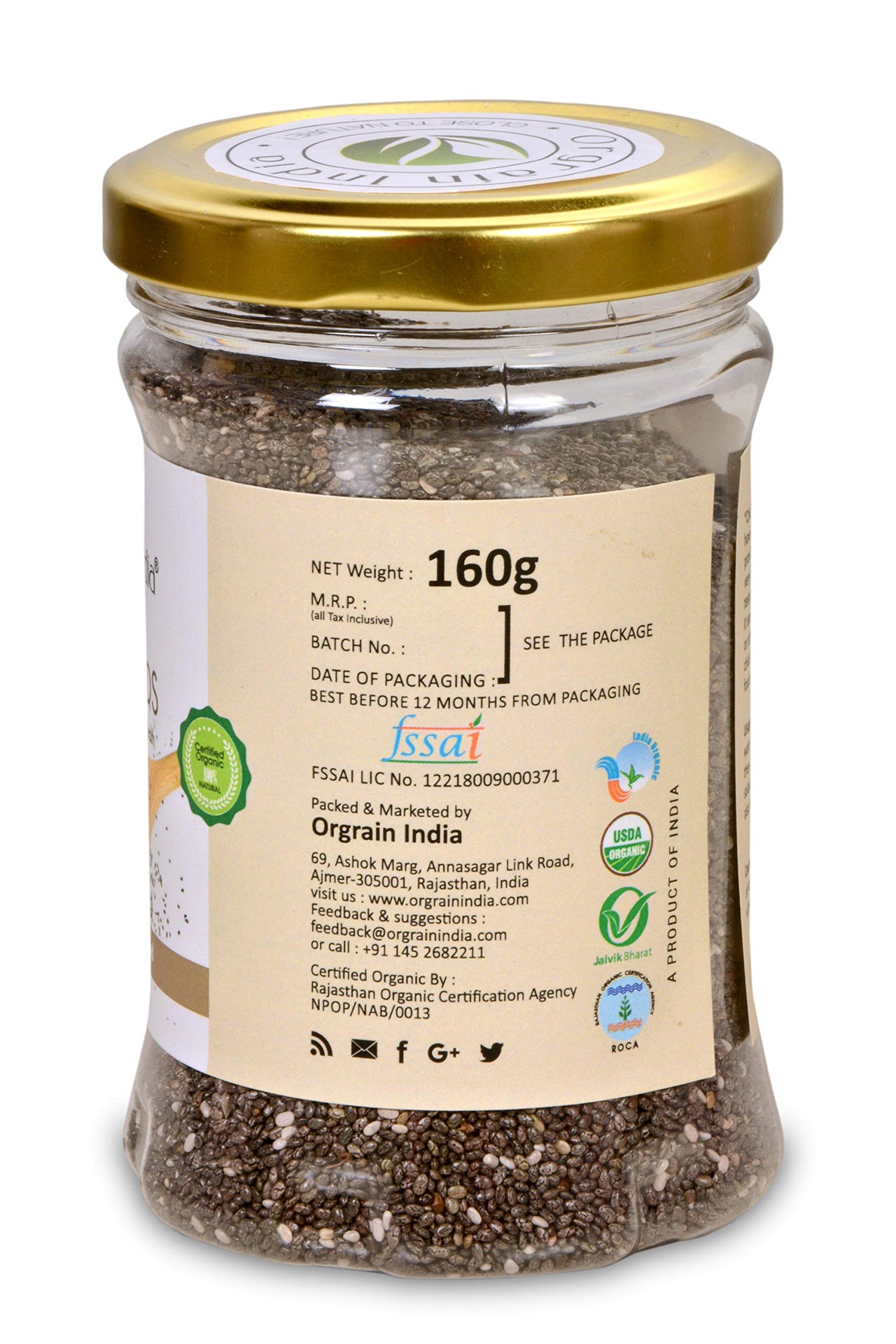Orgrain India Organic Chia Seeds 640g (Pack of 4 * 160g)