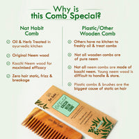 Nat Habit Kacchi Neem Wooden Shampoo Comb - Soaked In 17 Herbs, Neem & Sesame Oil - For Post Shampoo Detangling Suited For Long & Thick Hair (Wide Tooth- Small Size) Pack of 1