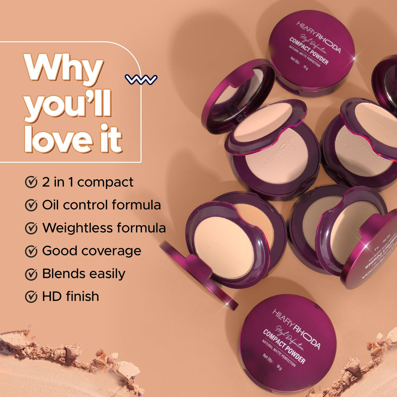 Hilary Rhoda HD High-Definition Pressed Powder | 2 in 1 Compact Powder | Shimmery & Matte Finish | Oil Control Formula | 18g (Vanilla - Shade 02)