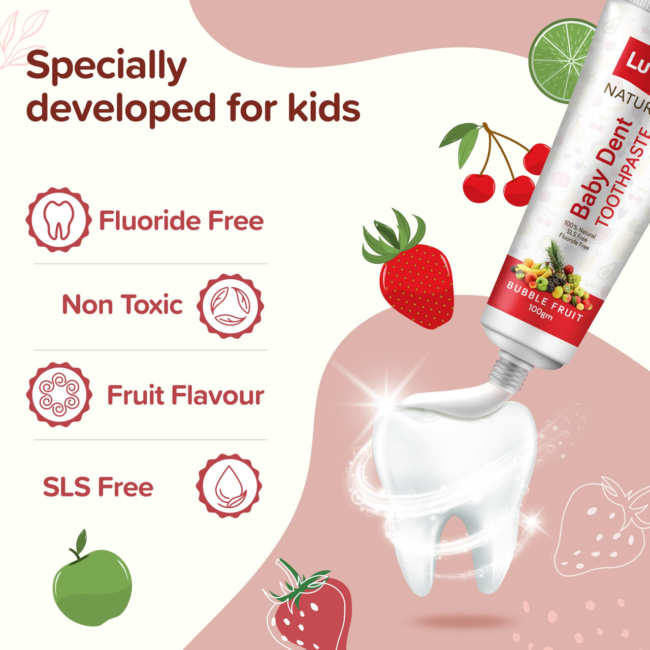 LuvLap Naturals 100% Natural Baby Toothpaste 100g, Bubble Fruit Flavour, SLS & Fluoride Free Kids Toothpaste, Removes Plaque, Prevents Bacteria, Ensures White Teeth, Neutral pH, 12M+(Pack of 2)