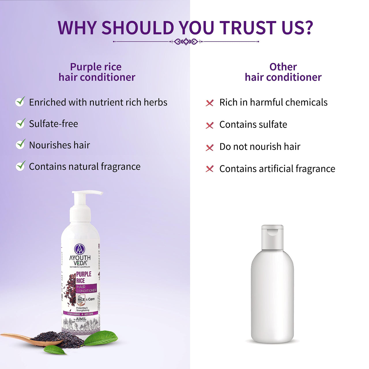 Ayouthveda Purple Rice Hair Conditioner with Rice Water & Kernel Protein | Repairs Damage, Controls Frizz & Enhances Volume | Enriched with Eggplant, Betel & Guava Leaves | For All Hair Types | 200ml