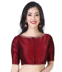 X3 Women's  Silky Polyester Lined With Pure Cotton Embroidered Elbow Sleeves Saree Blouse