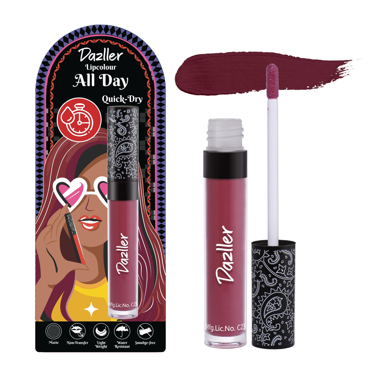Dazller All Day Lip Colour Quick Dry | Long-Stay | Lightweight | Matte Lipstick for Women | Enriched with Kokum Butter 6g (QDLC037 - Heatherred, Quick Dry)