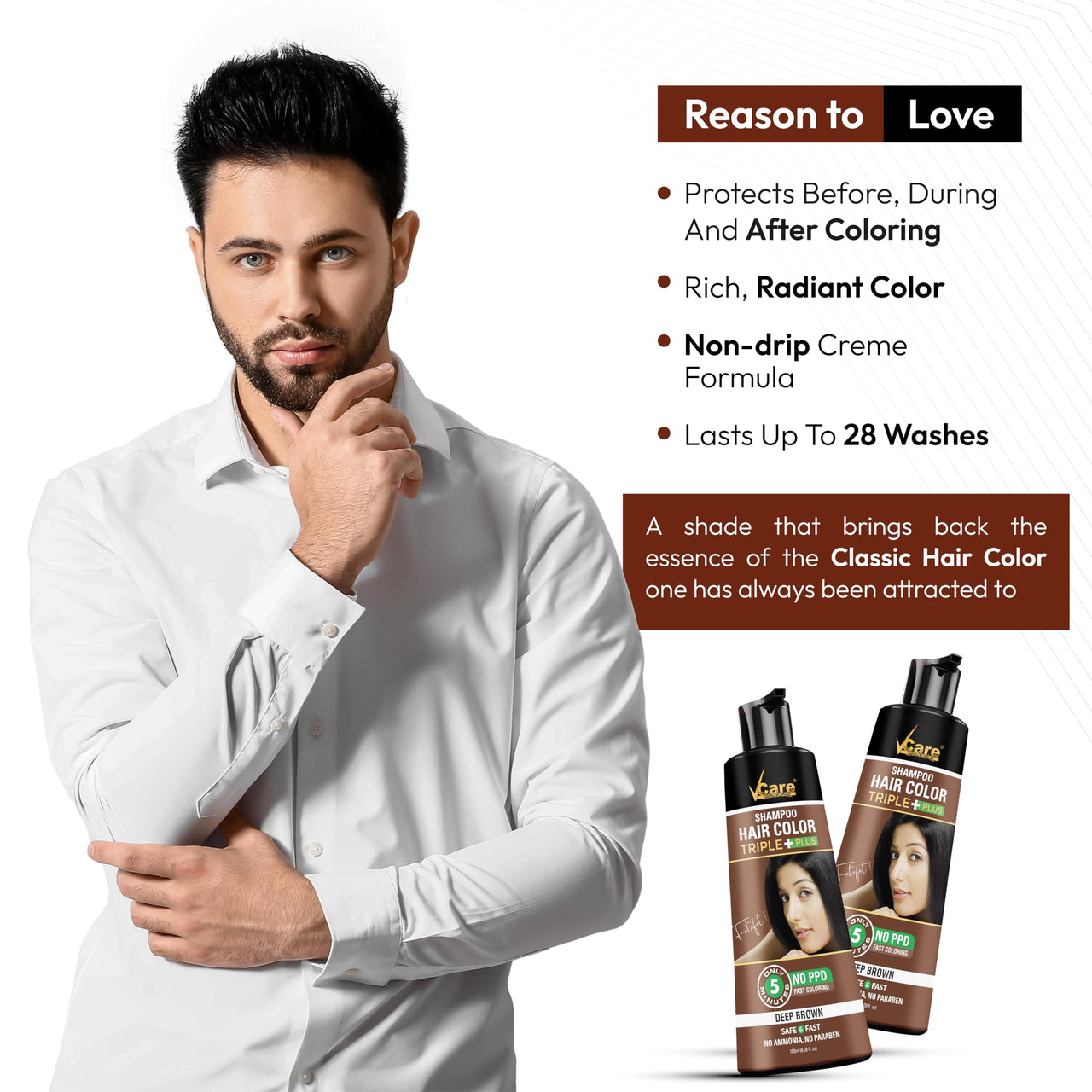 VCare Hair Colour Shampoo for Men and Women, 180ml, Deep Brown | No Ammonia | Long Lasting Hair Color | 100% Grey Coverage | Easy To Use Hair Colour At Home