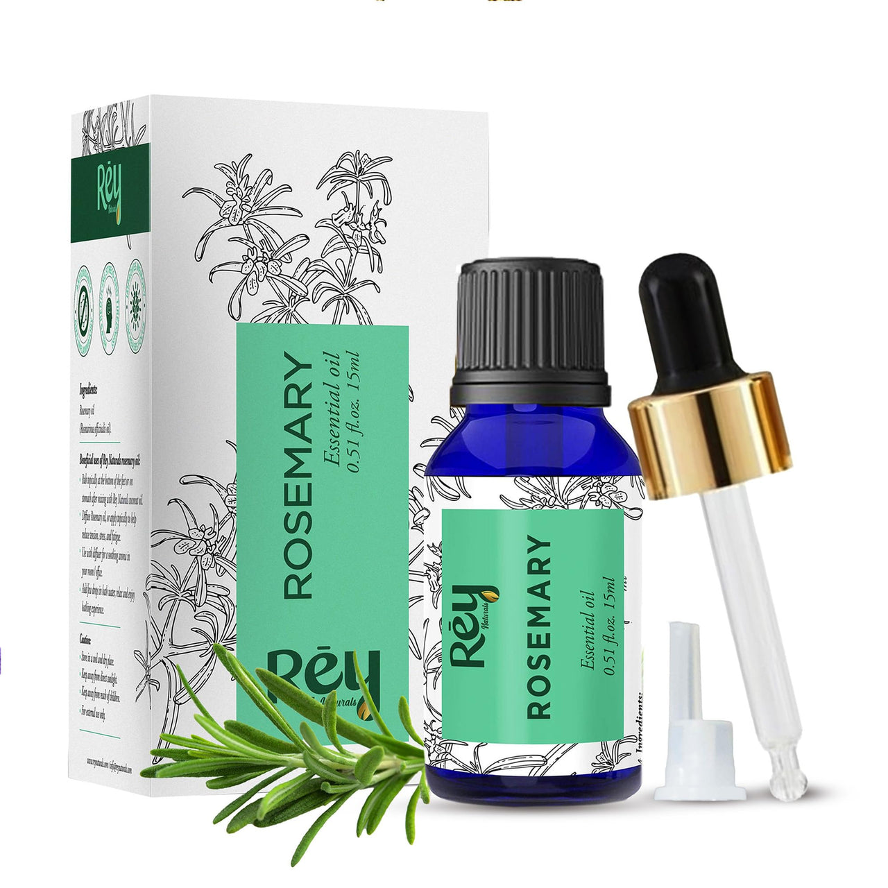 Rey Naturals Pure Rosemary Essential Oil For Hair Growth, Hairfall Control, Dandruff & Skin | Non Greasy Rosemary Oil for Skin, Body and Shiny Soft Hair | Hair Oil For Women & Men - 15ml