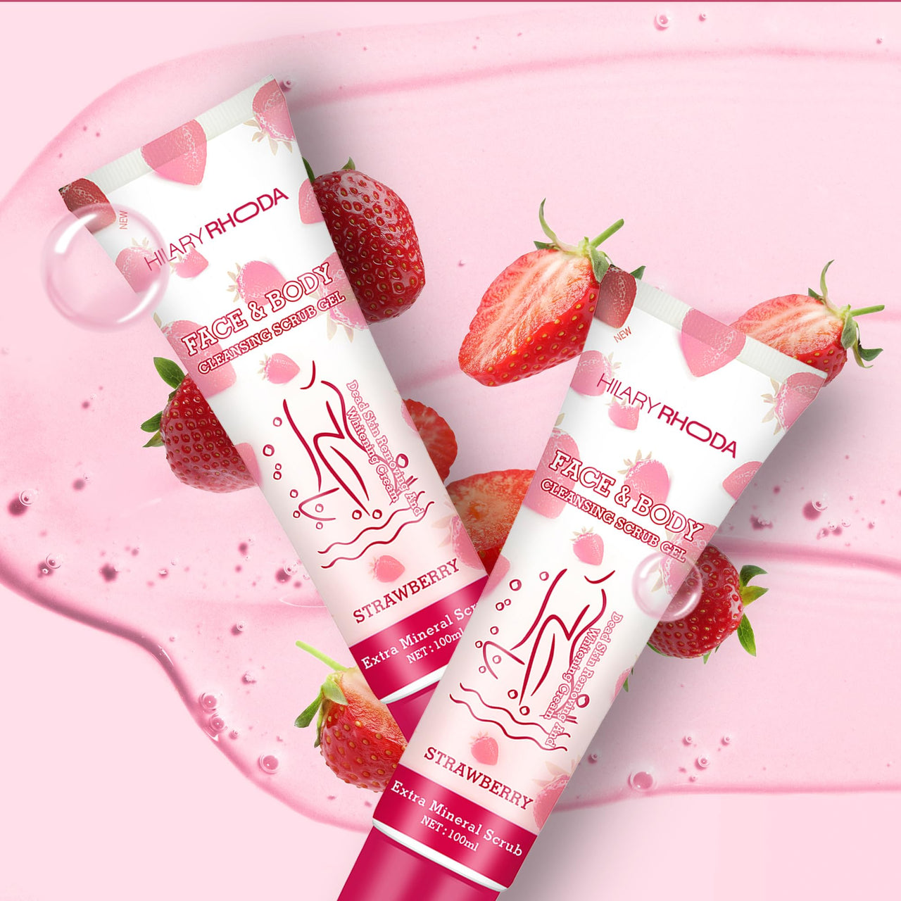 Hilary Rhoda Face & Body Cleansing Scrub Gel | Dead Skin Removing Cleansing Scrub Gel | Gently Exfoliates Skin Cells | Removes Dirt & Oil | 100ml (Strawberry -Shade 04)