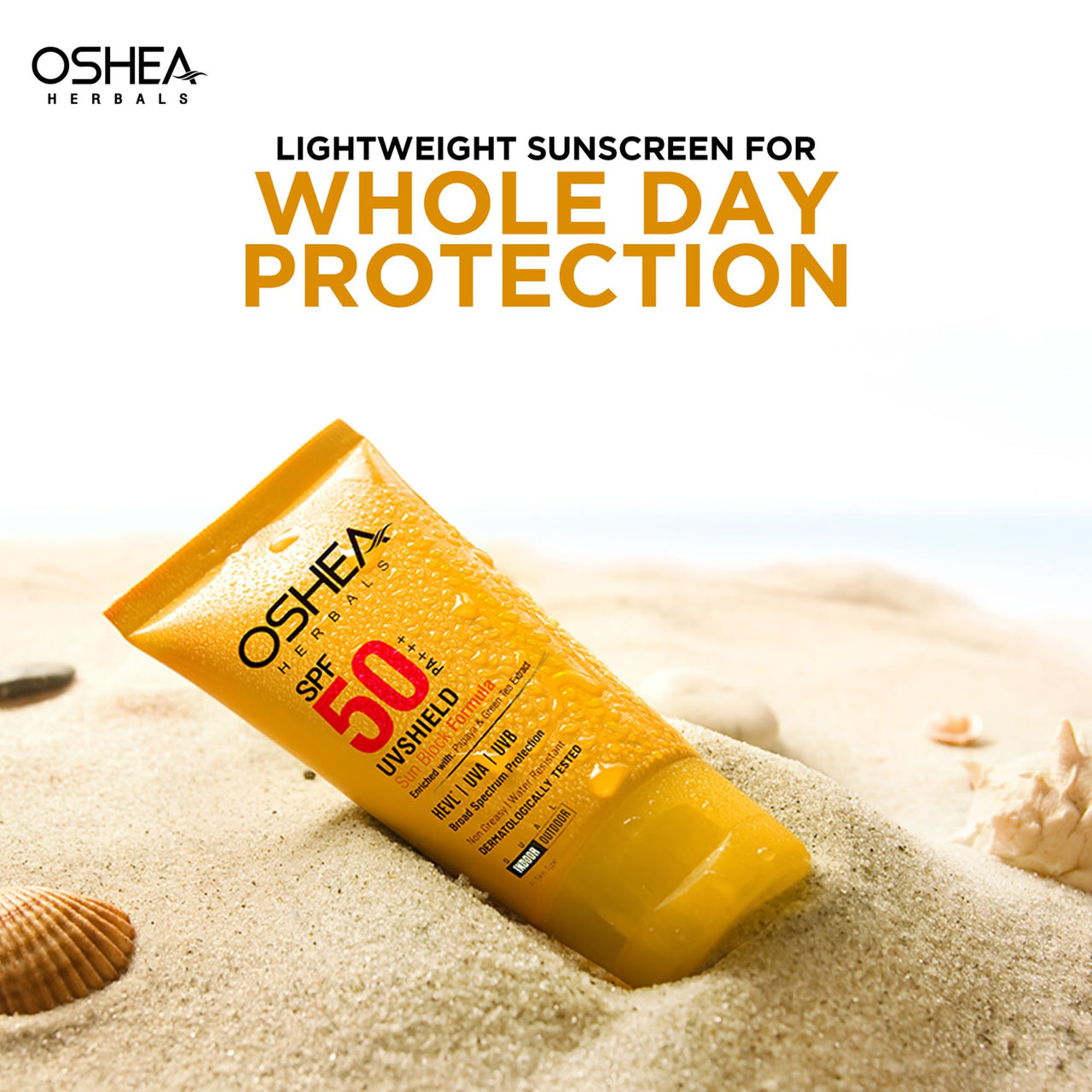 Oshea Herbals UVShield SPF 50 PA+++ Sunscreen | Broad Spectrum UVA & UVB Protection for All Skin Types | Water Resistant & Enriched with Papaya & Green Tea Extract - 120g