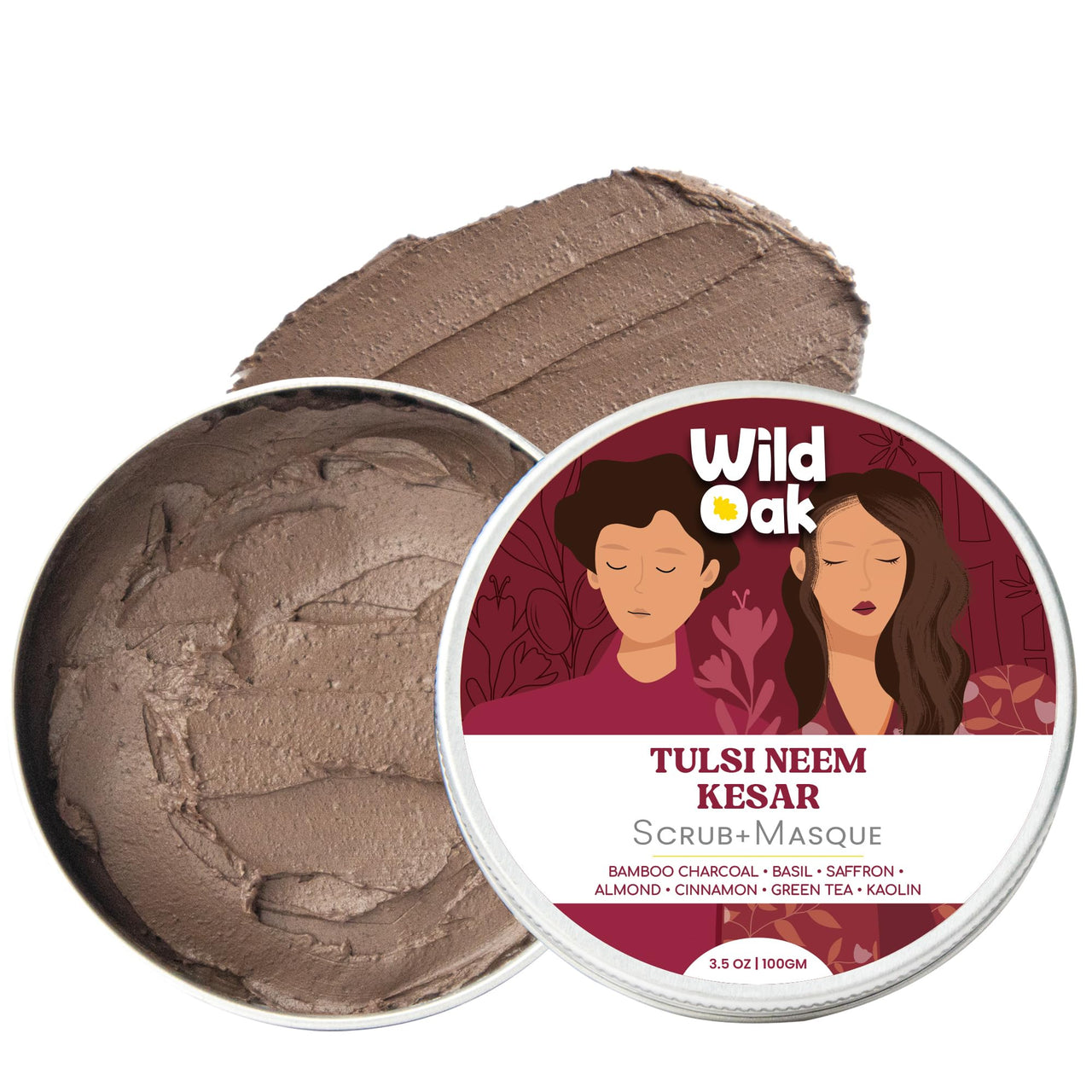 WildOak Tulsi, Neem, Kesar & Multani Mitti Face Scrub & Mask | Anti-Acne & De-Tan | Fights Aging & Hyperpigmentation | Opens Pores & Exfoliates | Detoxifying Face Pack with Powerful Herbs | 100g