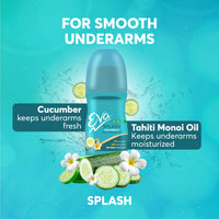 Eva Splash Underarm Roll on Deodorant | With Tahiti Monoi Oil and Cucumber Extracts | Alcohol and Aluminium Free | 48 H Protection from Odour | Keeps Underarms Fresh & Smooth | Skin Friendly | For Women | 50ml