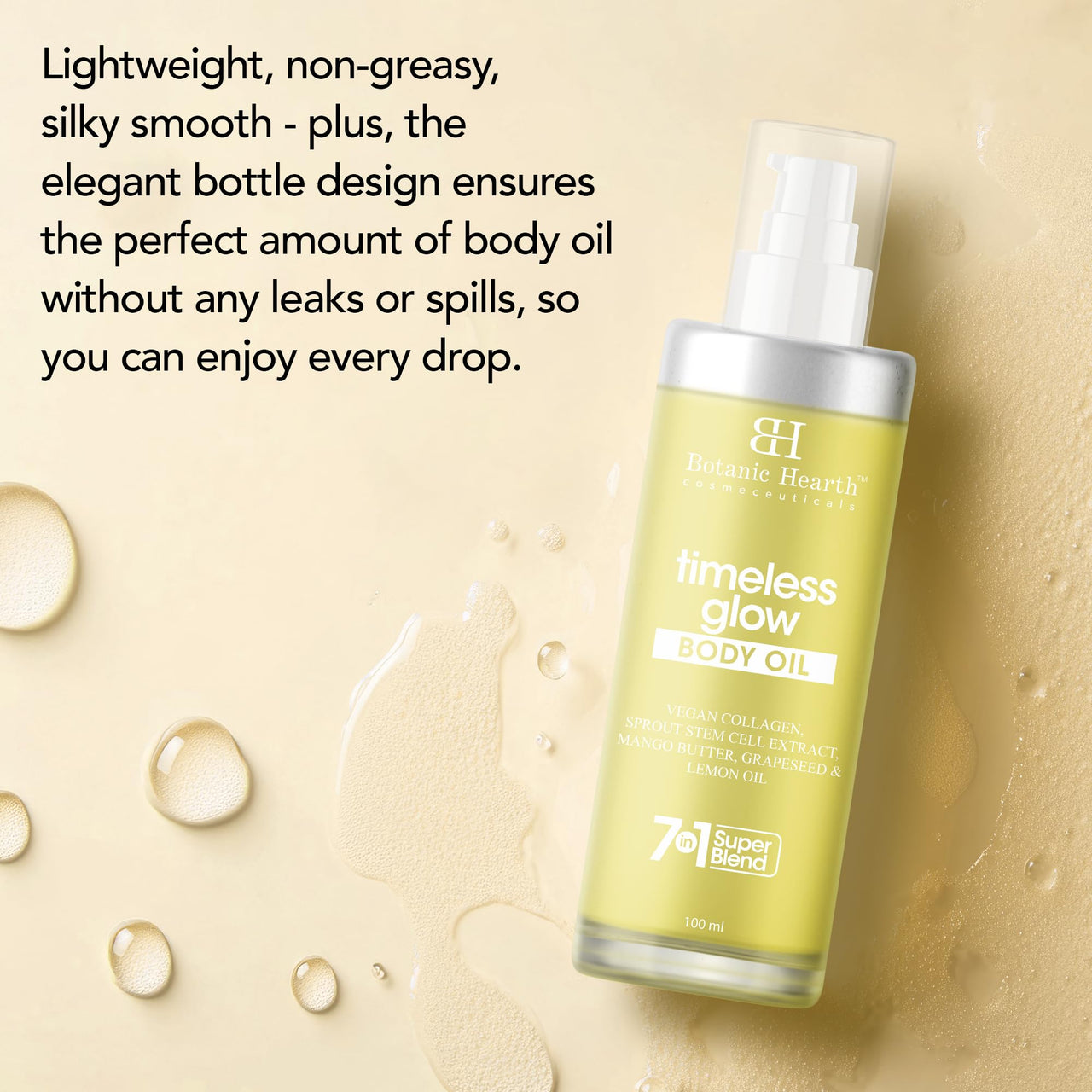 Botanic Hearth Timeless Glow Body Oil 100 ml - Anti-Aging Hydrating Oil with Vegan Collagen, Sprout Stem Cell Extract, Mango Butter, Grapeseed & Lemon Oil for Soft & Youthful Skin for Men & Women - in a Premium Glass Bottle