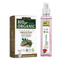 INDUS VALLEY Bio Organic 100% Natural Pure Mulethi Powder (100gm) With Rose Water (250ml) Combo Pack For glowing Skin