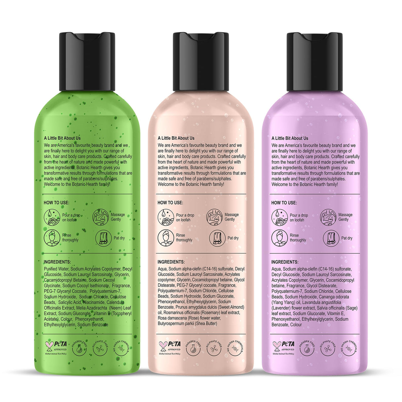 Botanic Hearth Body Wash Set of 3 – British Rose, Neem & Lavender | Hydrating & Purifying Shower Gel | Deep Cleansing, Refreshing & Nourishing | For All Skin Types | 118ml Each