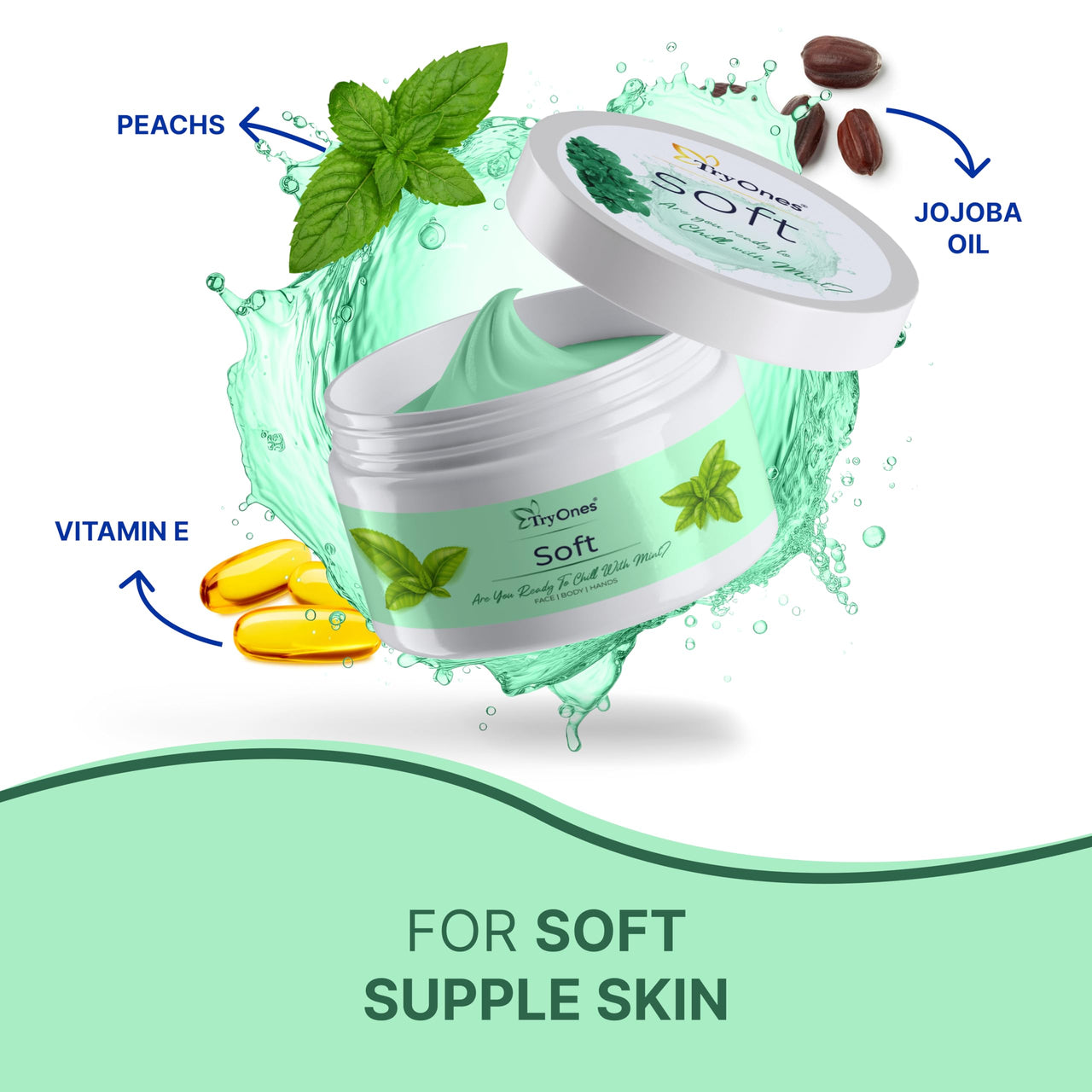 TryOnes Pure Mint Soft Light Moisturizing Cream With Vitamin E For All Skin Types 100% Natural, 0% Chemicals_Mint_50g