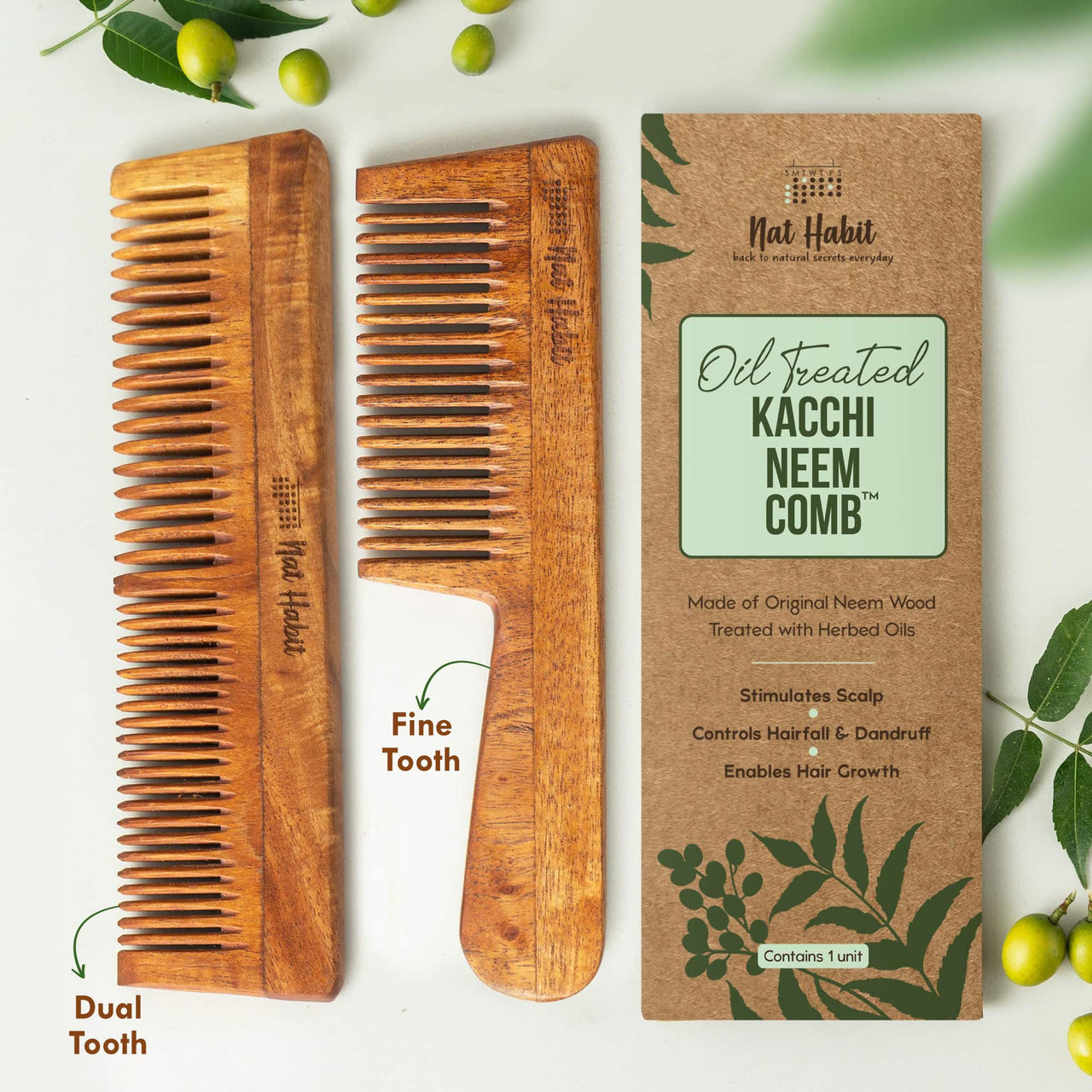 Nat Habit Kacchi Neem Wooden Comb, Soaked In 17 Herbs Neem, Castor & Coconut Oil For Multi-Actions Detangling, Frizz Control & Shine (Dual Tooth & Fine Tooth) Combo Pack of 2