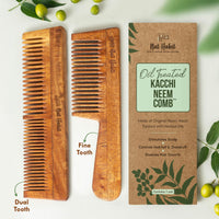 Nat Habit Kacchi Neem Wooden Comb, Soaked In 17 Herbs Neem, Castor & Coconut Oil For Multi-Actions Detangling, Frizz Control & Shine (Dual Tooth & Fine Tooth) Combo Pack of 2