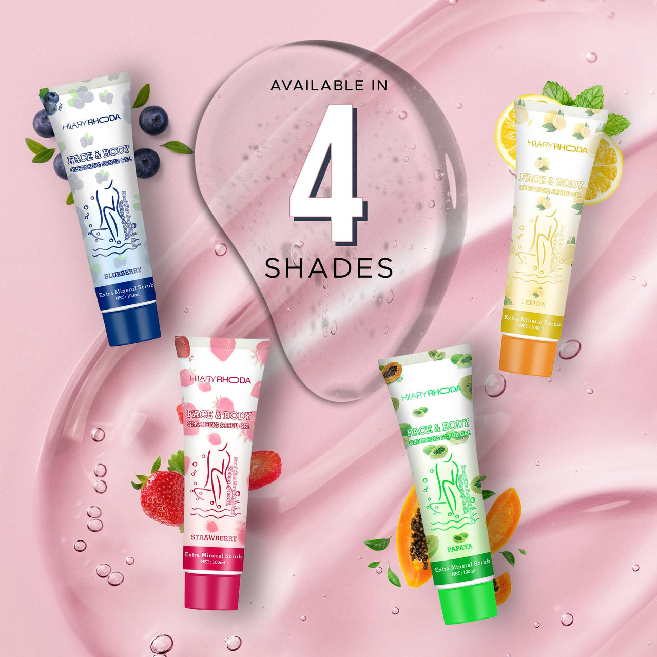 Hilary Rhoda Face & Body Cleansing Scrub Gel | Dead Skin Removing Cleansing Scrub Gel | Gently Exfoliates Skin Cells | Removes Dirt & Oil | 100ml (Strawberry -Shade 04)