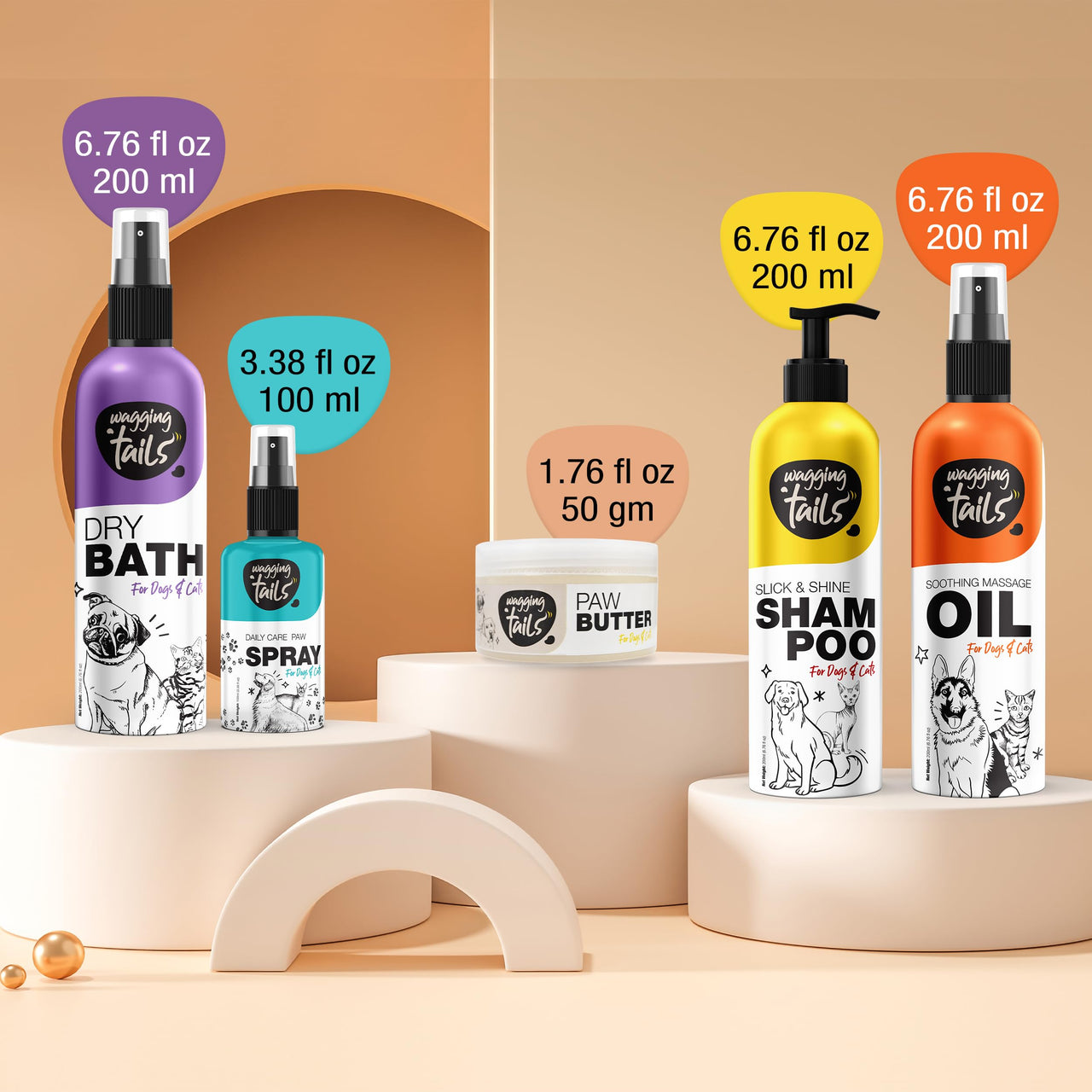 Wagging Tails 5 In 1 Grooming Kit Combo For Pets Dog Shampoo 200Ml+Dry Bath 200Ml+Massage Oil 200Ml+Paw Butter 50G+Paw Spray 100Ml Made With Natural Ingredients Head To Paw Gift Box,700 Milliliter