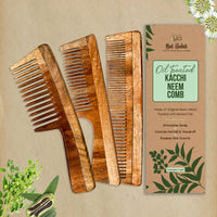Nat Habit - Kacchi Neem Wooden Comb - Soaked In 17 Herbs, Neem & Sesame Oil For Multi-Actions - Detangling, Frizz Control & Shine (Dual Tooth, Fine Tooth & Wide Tooth) Combo Pack of 3